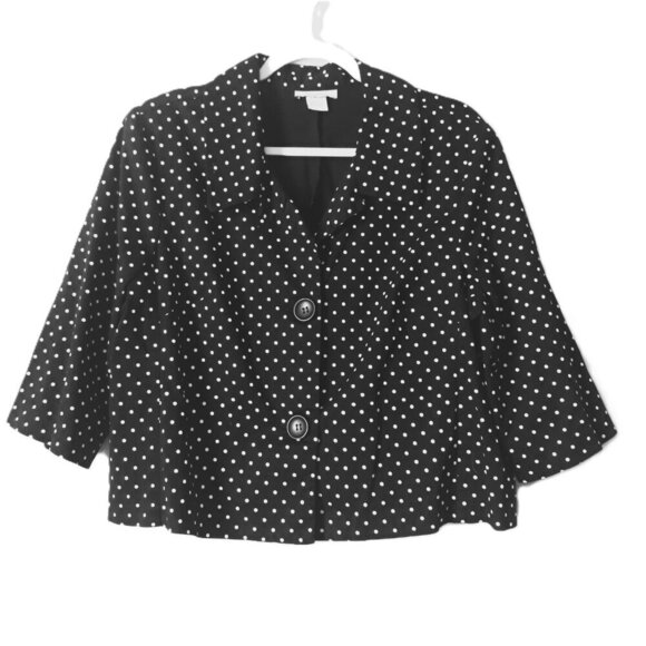 Vintage Jackets & Blazers - Vtg Dress Barn Cropped Boxy Jacket Large Polka Dot Cotton Preppy Academia Office